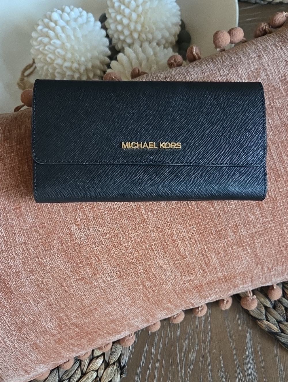Michael Kors Black Saffiano Leather Trifold Wallet with Gold Logo